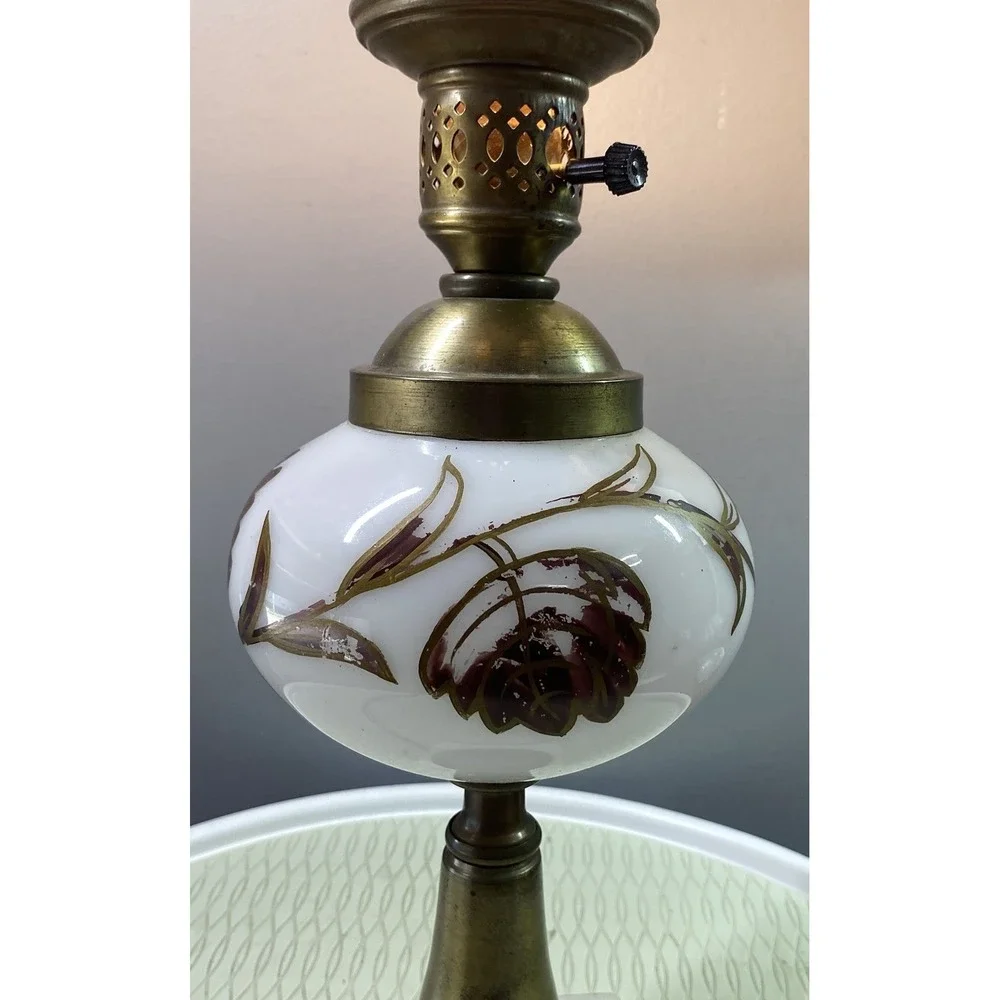 Vintage White Milk Glass&brass Desk Lamp-Hand Painted‎ Floral Marble Base 17